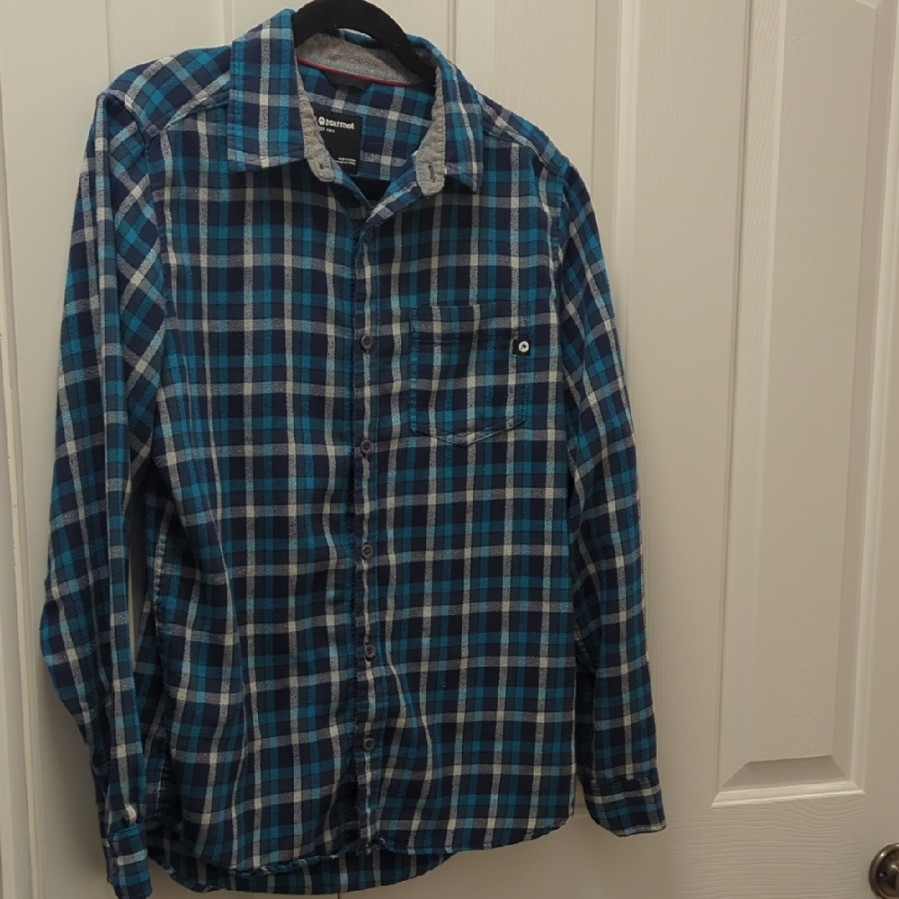 Marmot Men's Blue and Black Checkered Shirt